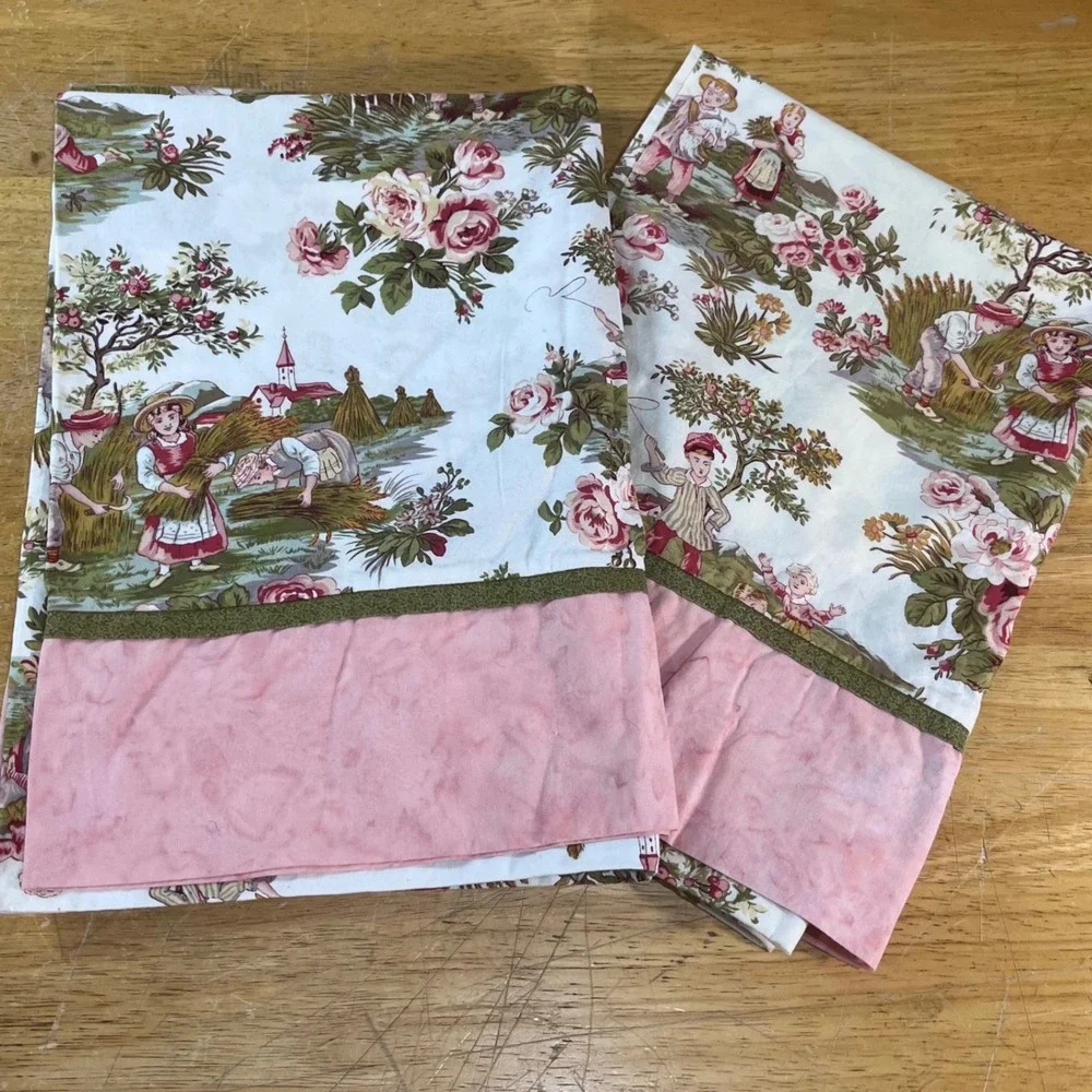 Vtg Handmade Standard Pillowcase Set 2 Toile Floral Pastoral Pink Green Cotton